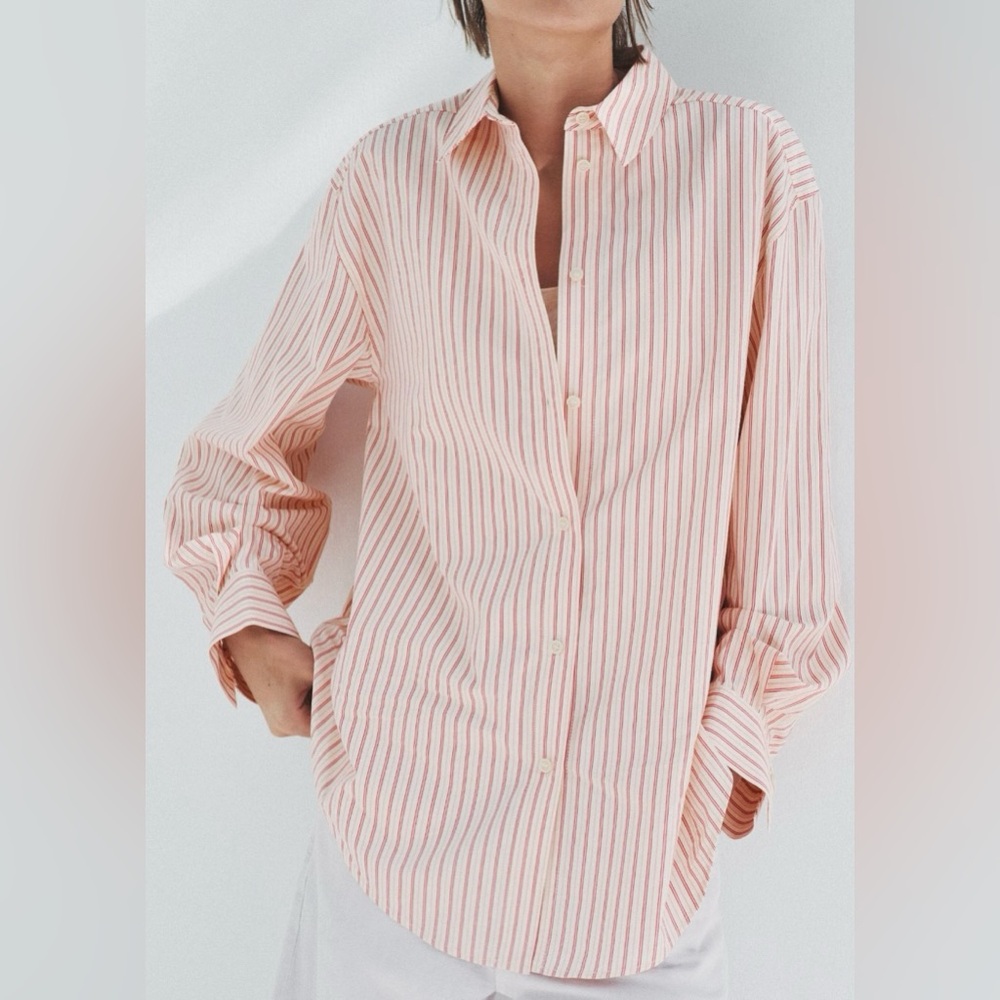 Zara Pink & Red Striped Cotton Button-Up Blouse | L | Shorter in Back | NWT - Picture 2 of 11